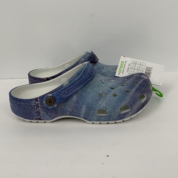 CROCS Classic Clog blue denim jean print back strap shoe slide mule new women 8 - Picture 4 of 5